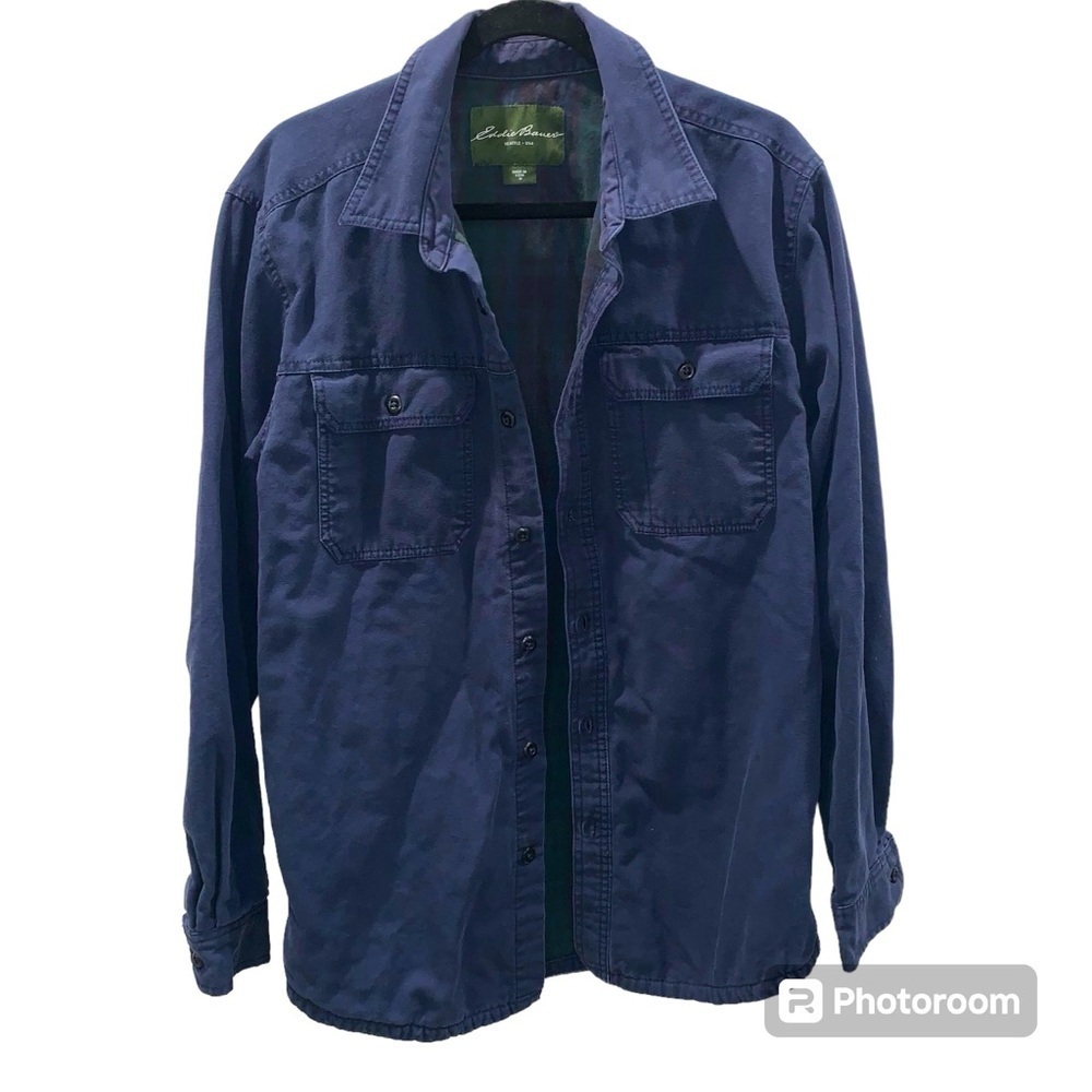 Eddie Bauer Navy Blue Plaid-Lined Long Sleeve Shirt Shacket Men's M Unisex